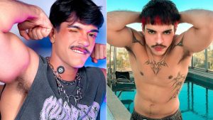 Mady Beeong fotos íntimas: O influenciador Mady Beeong aparece em duas fotos lado a lado, com uma expressão de incômodo e as mãos levantadas na cabeça, em contexto de reação após vazamento de nudes e apelo por responsabilização.