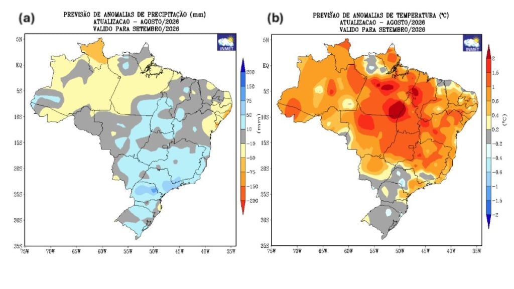 tabela aponta temperatura e precipitação de chuva para o mês de setembro de 2026