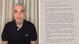 MC Guimê aparece em foto segurando o texto de anúncio da despedida do funk após 17 anos e a nova fase gospel, “Viver algo novo”.