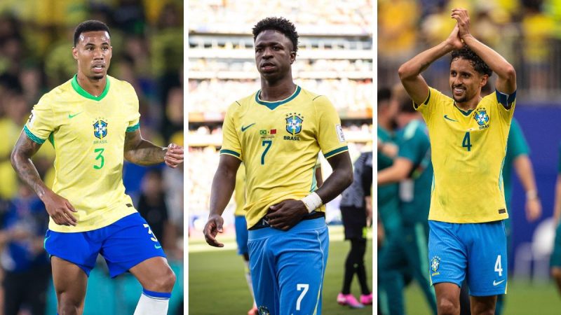 Bola de Ouro 2026: Gabriel Magalhães, Vini Jr e Marquinhos aparecem em três fotos em campo, usando camisas do Brasil e diferentes gestos durante partidas.