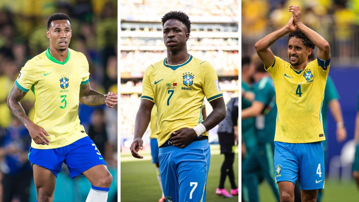 Bola de Ouro 2026: Gabriel Magalhães, Vini Jr e Marquinhos aparecem em três fotos em campo, usando camisas do Brasil e diferentes gestos durante partidas.