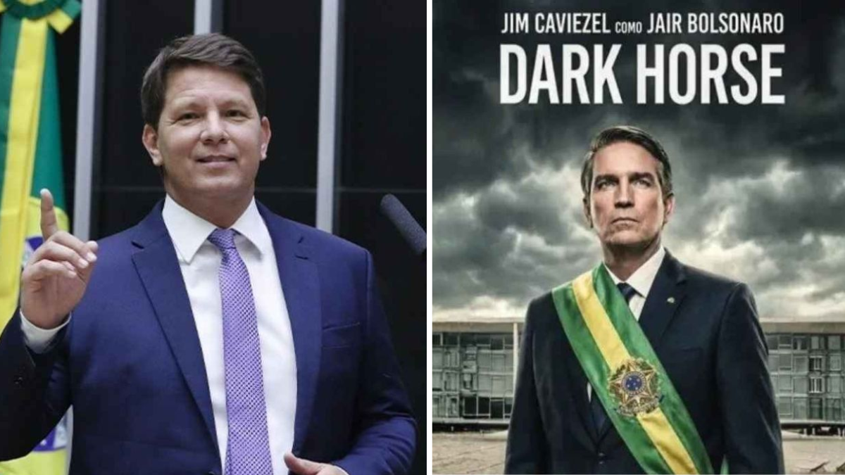 Foto em montagem com Jair Bolsonaro ao lado de um pôster do filme sobre Bolsonaro “Dark Horse”, com o nome Jim Caviezel em destaque, em cenário que remete ao Brasil.