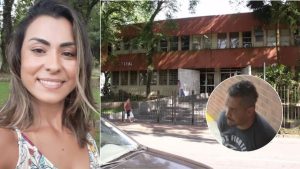 Imagem mostra foto de mulher em destaque e, em recorte circular, homem em frente a prédio institucional, em notícia sobre Homem é condenado por feminicídio em Cubatão, com pena de 18 anos.