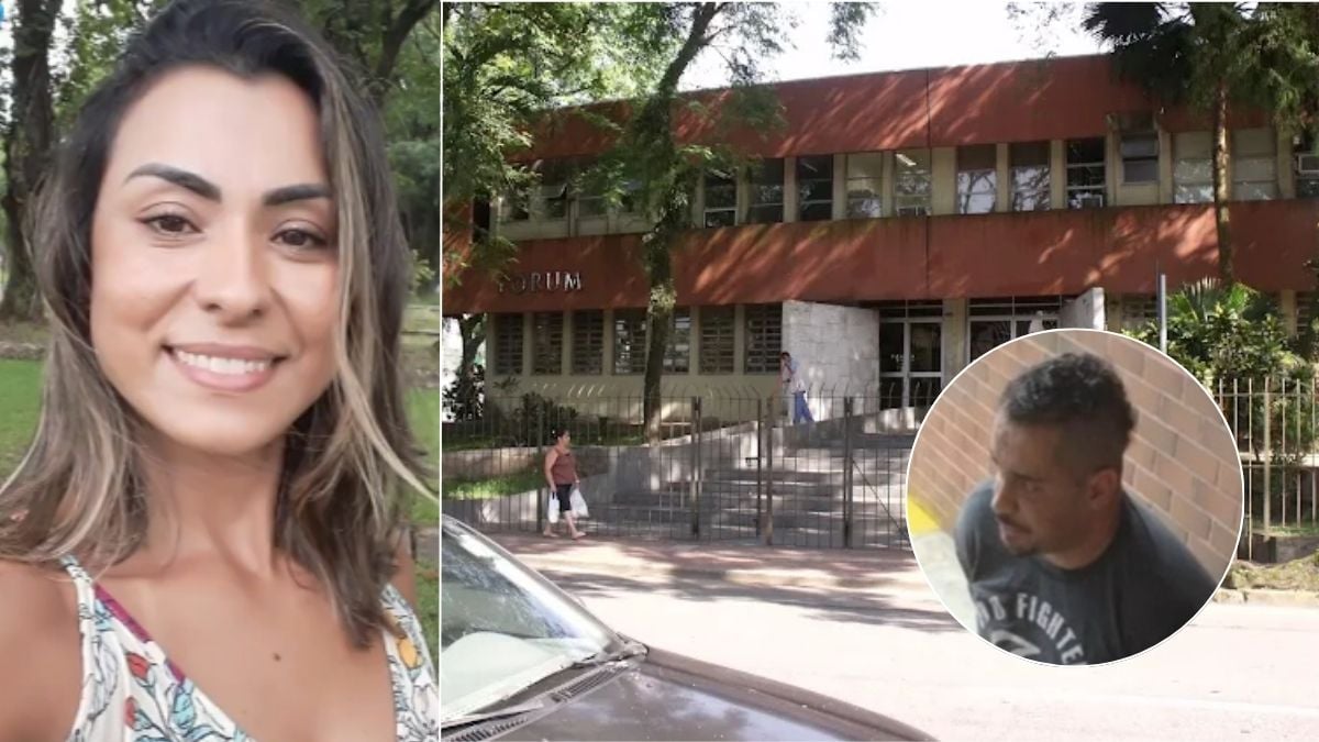 Imagem mostra foto de mulher em destaque e, em recorte circular, homem em frente a prédio institucional, em notícia sobre Homem é condenado por feminicídio em Cubatão, com pena de 18 anos.