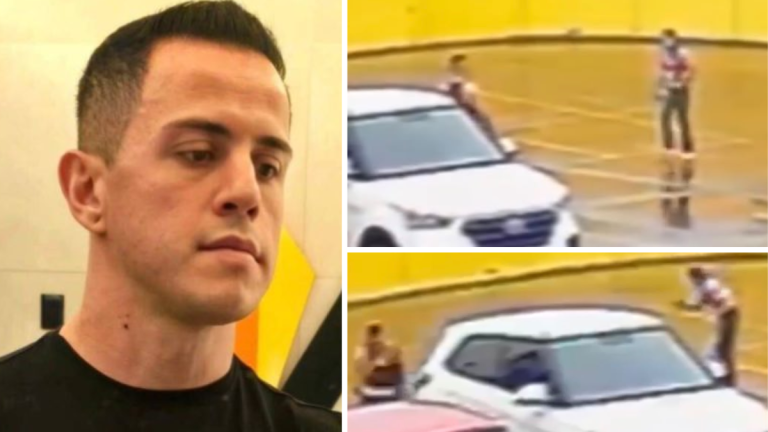 vídeo mostra ataque que matou empresário em Americana: Imagem em montagem com foto de homem em destaque à esquerda e imagens de câmeras de segurança em estacionamento à direita, mostrando uma ação em frente a um carro em Americana