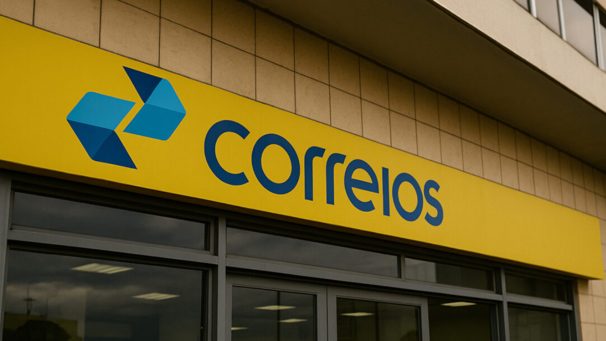 Logo dos Correios em fachada amarela de loja, com símbolo azul e letras “correios” acima das janelas, em ambiente urbano.