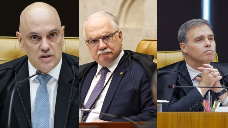 Montagem com três fotos de ministros do STF: Alexandre de Moraes à esquerda, Edson Fachin ao centro e André Mendonça à direita, todos vestindo togas pretas durante sessão do tribunal.