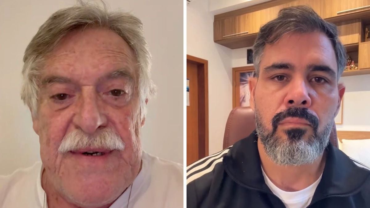 José de Abreu e Juliano Cazarré em imagem de confronto em entrevistas ou declarações na TV, com ambos em destaque, cada um em um recorte, transmitindo tom crítico e debate público.
