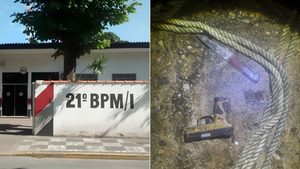 criminosos invadem marina em Guarujá: Cerca e fachada com placa “21º BPM/I” em Guarujá e, em detalhe, um dos homens detidos com arma no chão após criminosos invadirem marina em Guarujá e troca de tiros com a PM.