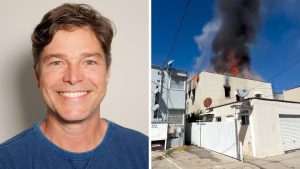 Erik Marmo, ator brasileiro, aparece em foto de perfil ao lado de uma imagem de incêndio com fumaça e chamas em edifício nos EUA.