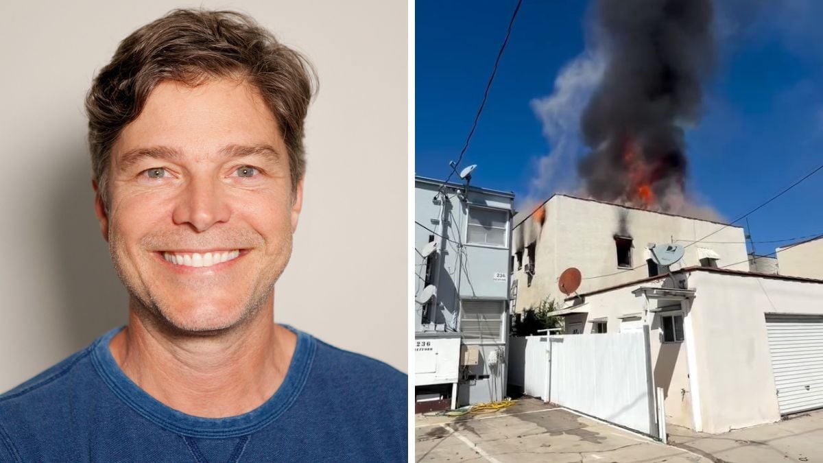 Erik Marmo, ator brasileiro, aparece em foto de perfil ao lado de uma imagem de incêndio com fumaça e chamas em edifício nos EUA.