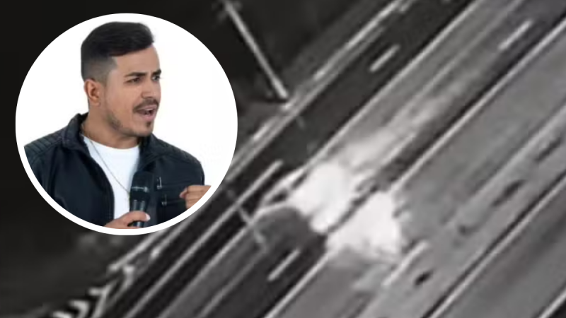 Cantor sertanejo Jonas Rocha em destaque com imagem recortada ao lado de via com faixas e luzes desfocadas, sugerindo acidente de trânsito com impacto em poste em Campinas.