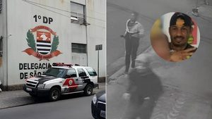 pais de motorista que matou coletor: Notícia em imagem mostra uma viatura policial na frente da Delegacia de São Vicente, em São Paulo, e um recorte circular com foto de homem em depoimento.
