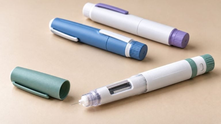 Canetas para diabetes e obesidade, canetas emagrecedoras com aplicador branco e ponteira transparente sobre fundo bege, em modelo de caneta de injeção.