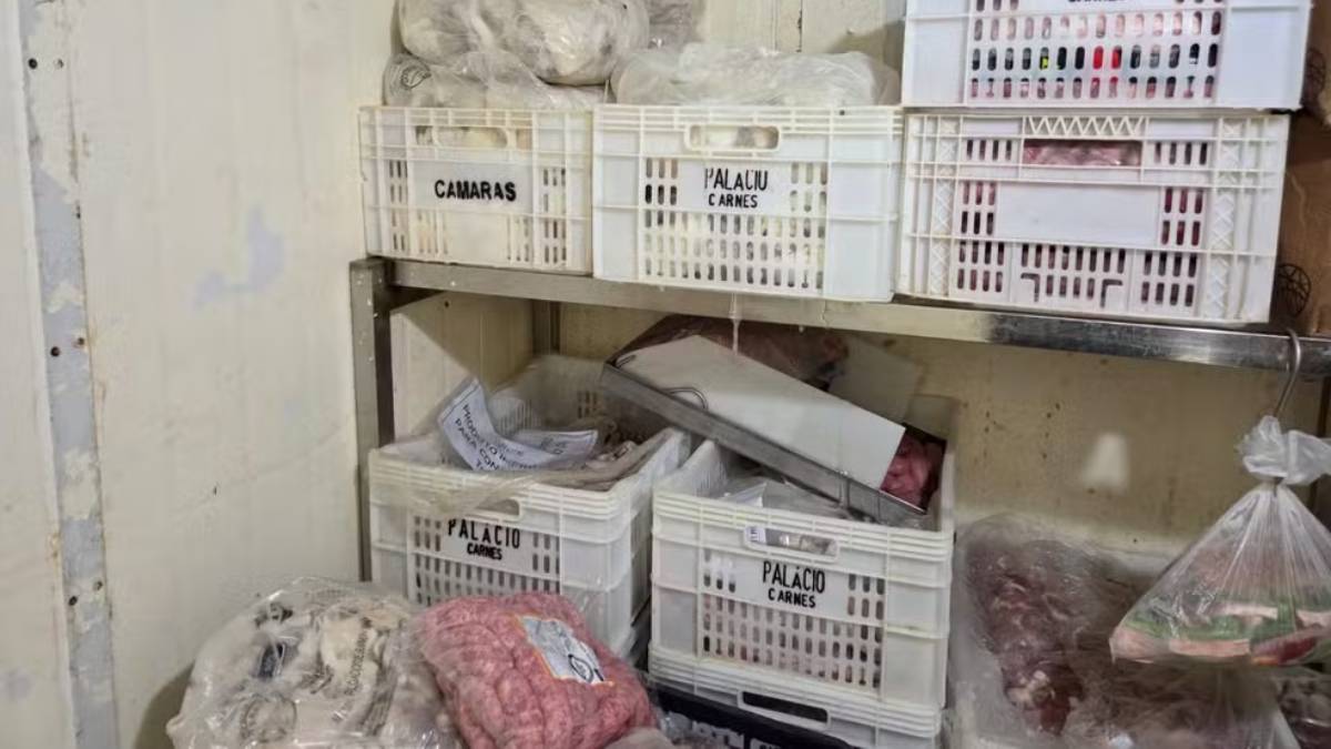 Câmeras e caixas plásticas com carnes em um ambiente de armazenamento, com destaque para carne estragada em açougue apreendida pela polícia em Indaiatuba, com cerca de 350 kg