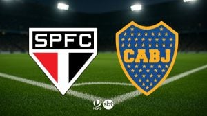 São Paulo x Boca Juniors: imagem promocional com o escudo do SPFC à esquerda e o escudo do CABJ à direita em campo de futebol, com logo SBT News no centro inferior. Destaque para o jogo ao vivo.