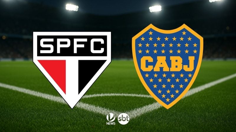 São Paulo x Boca Juniors: imagem promocional com o escudo do SPFC à esquerda e o escudo do CABJ à direita em campo de futebol, com logo SBT News no centro inferior. Destaque para o jogo ao vivo.