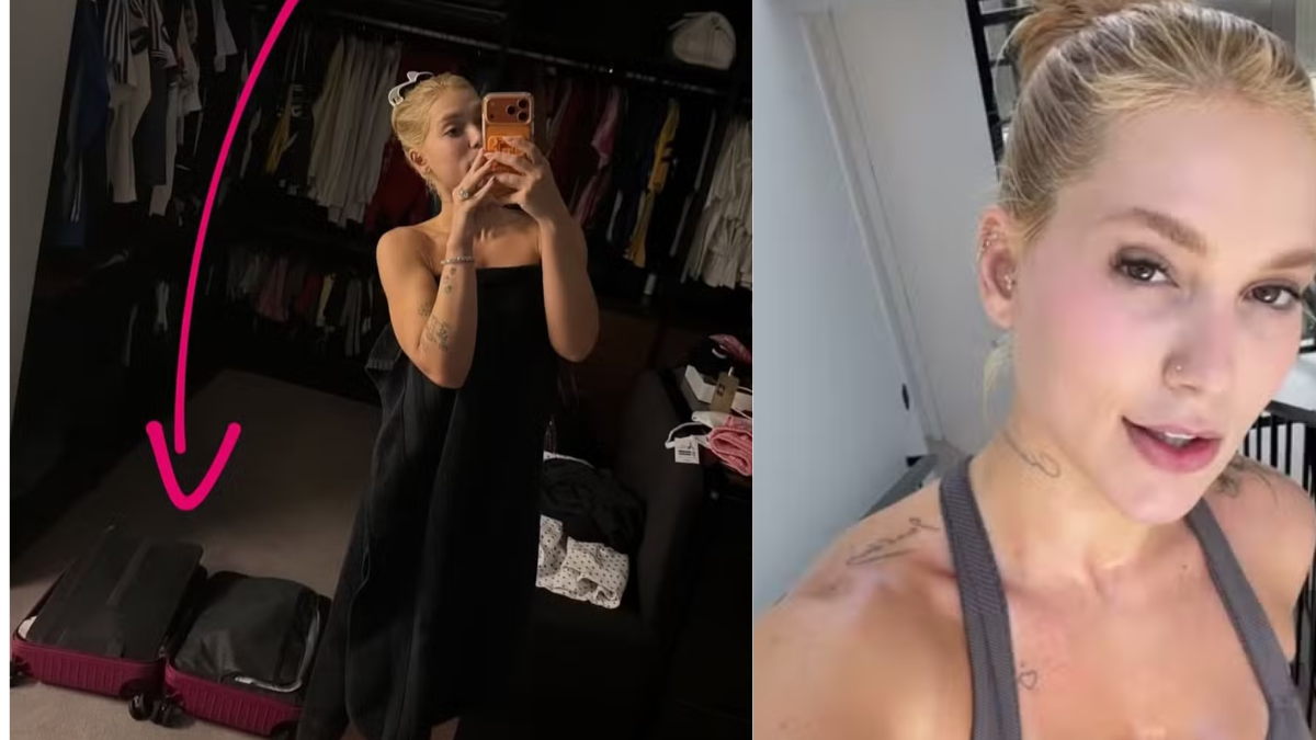 Foto estilo espelho em dois cliques mostrando Virginia Fonseca com cabelo preso e pele clara, usando top preto de alça e segurando o celular em frente ao espelho. Em um dos lados, há o closet/armário ao fundo e um detalhe em forma de linha rosa na borda.