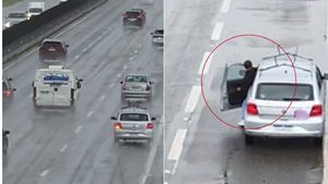 Suspeito de estupro em Praia Grande: imagem de câmeras de segurança mostrando um homem fugindo em via urbana, com carros e viaturas ao fundo, cercado em destaque.