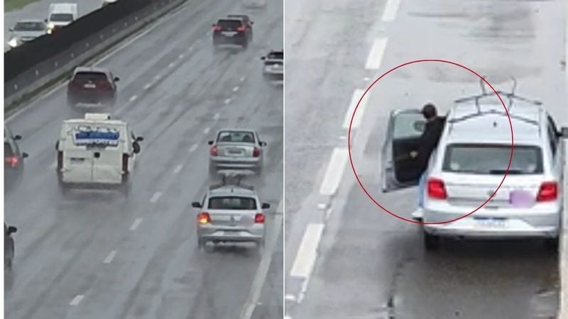 Suspeito de estupro em Praia Grande: imagem de câmeras de segurança mostrando um homem fugindo em via urbana, com carros e viaturas ao fundo, cercado em destaque.