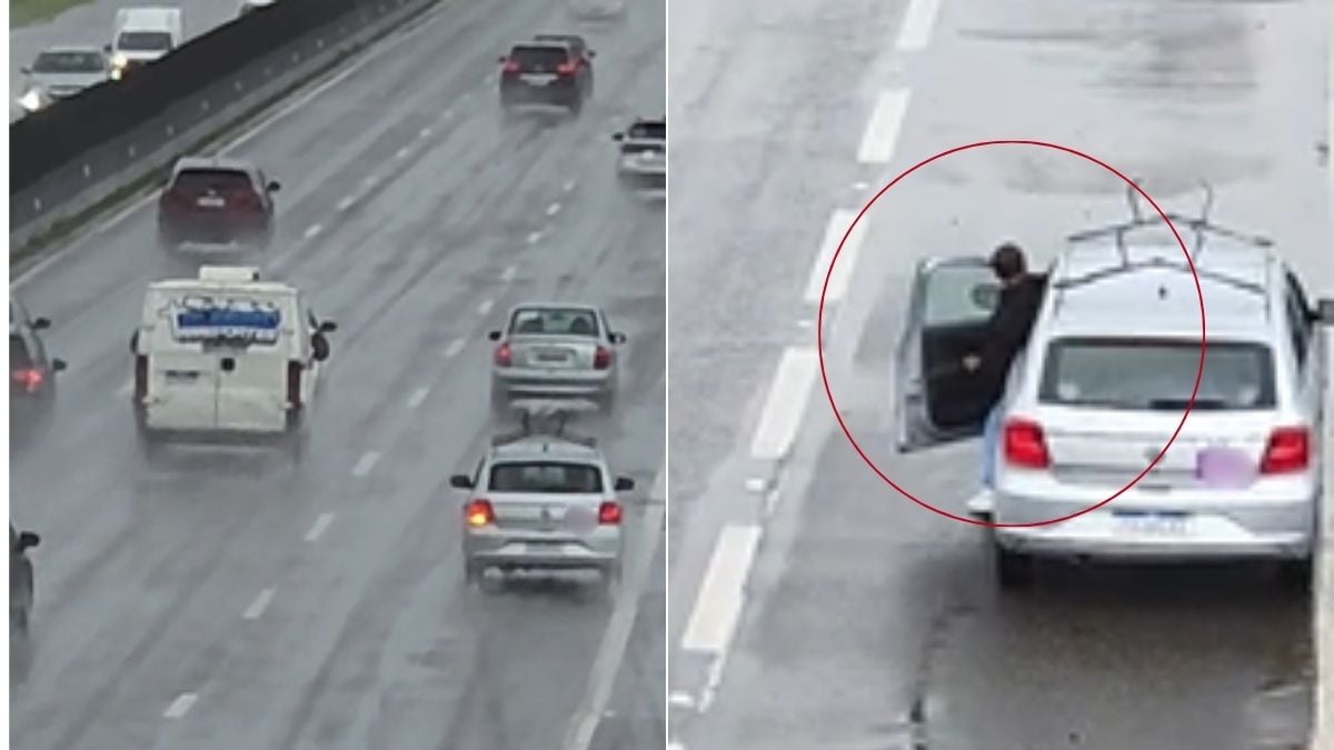 Suspeito de estupro em Praia Grande: imagem de câmeras de segurança mostrando um homem fugindo em via urbana, com carros e viaturas ao fundo, cercado em destaque.