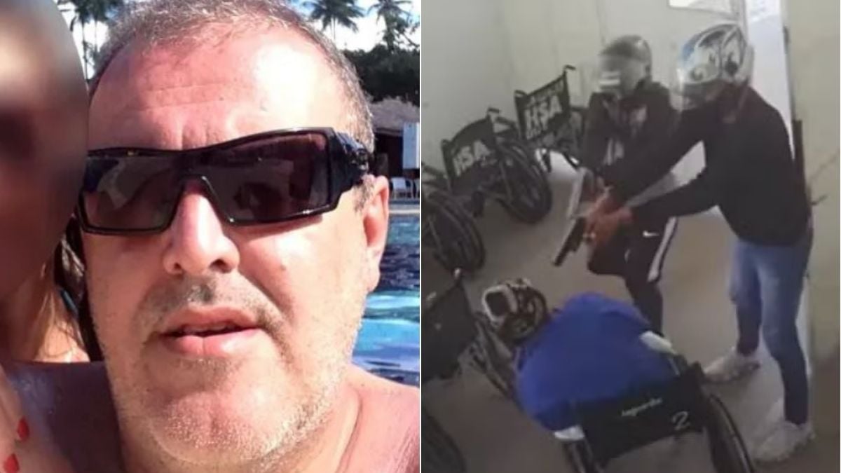 médico condenado em Guarujá: Imagem em composição com duas cenas: à esquerda, homem com óculos escuros em ambiente externo; à direita, registro em ambiente hospitalar com equipe realizando atendimento a paciente em maca. Médico acusado de facilitar execução de paciente dentro de hospital é condenado no Guarujá.
