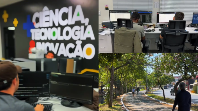 Montagem com três cenas Indaiatuba: em um laboratório, técnicos trabalham em computadores ao lado de um painel com a frase “CIÊNCIA, TECNOLOGIA E INOVAÇÃO”; em outro momento, pessoas utilizam mesas com monitores e equipamentos; e ao ar livre, uma rua arborizada com caminhada em frente ao paisagismo urbano.
