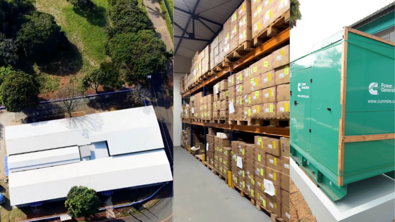 Colagem com três imagens da Nova Central de Distribuição de Medicamentos de Piracicaba: galpão visto de cima, estoque interno com prateleiras cheias e gerador de energia verde.