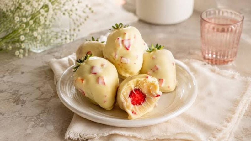 Morango cravejado: morangos com cobertura clara e decoração vermelha servidos em prato, em cenário de receita com textura artesanal ao fundo.