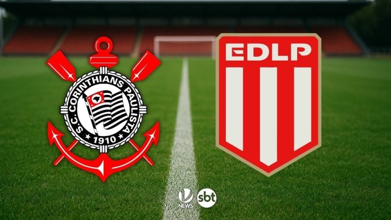 Corinthians x Estudiantes em destaque no gramado, com escudos dos times e logo da SBT News na transmissão ao fundo. Onde assistir o jogo ao vivo.