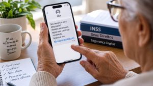 Idoso usando celular com mensagem do INSS sobre bloqueio e atualização, enquanto consulta documentos em uma mesa; tema de cautela para proteger a renda do beneficiário.