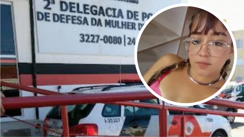 Foto de Bianca em destaque em um recorte, com imagem ao fundo da delegacia identificada na faixa “DELEGACIA DE DEFESA DA MULHER” em Campinas, relacionada ao caso da jovem morta em Campinas.