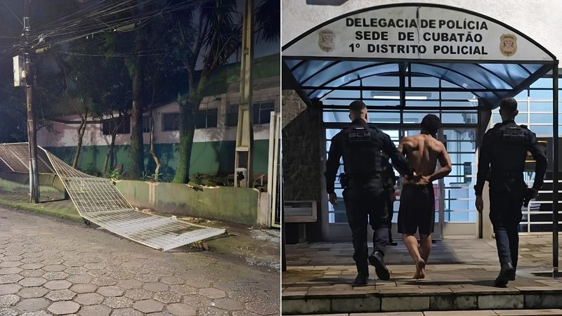 furto de janelas em escola em Cubatão: Homem é levado por policiais após ser flagrado com objetos relacionados ao furto de janelas de uma escola em Cubatão, diante da delegacia de polícia, em vídeo.