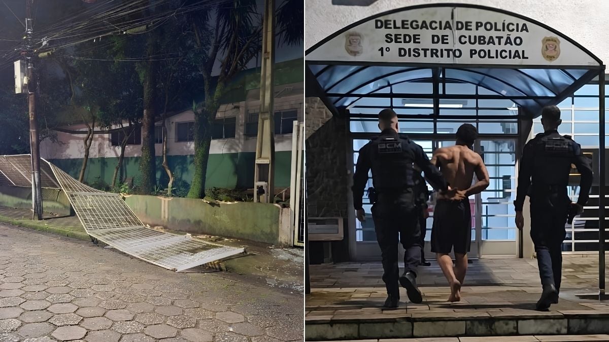 furto de janelas em escola em Cubatão: Homem é levado por policiais após ser flagrado com objetos relacionados ao furto de janelas de uma escola em Cubatão, diante da delegacia de polícia, em vídeo.