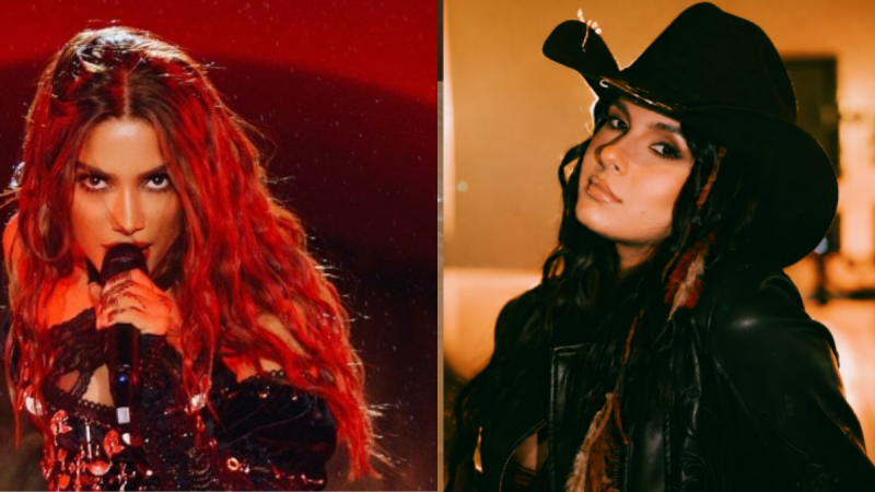 Foto em close de duas apresentações: Anitta cantando com microfone, e Ana Castela com chapéu preto em pose de show, iluminação dramática de palco.