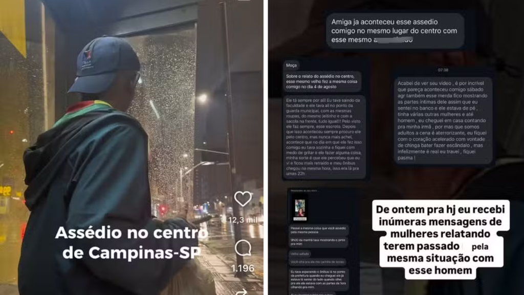 Imagem em estilo de reportagem sobre assédio no centro de Campinas-SP, com homem ao lado de um prédio e mensagens em redes sociais sobre importunação em Campinas e condenação por ato obsceno.