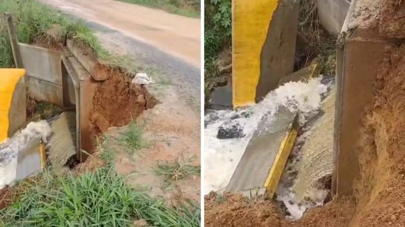 Monte Mor fecha ponte após chuvas, com trecho do asfalto e das laterais danificados por deslizamento e equipe orientando rotas alternativas e desvios para moradores ao redor do acesso interditado.
