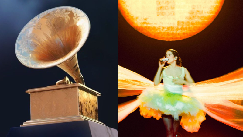 Imagem dividida ao meio: à esquerda, o troféu do Grammy Dourado em destaque contra um fundo escuro; à direita, a cantora Rosalía se apresentando no palco com vestido claro, com tecido esvoaçante e Iluminação alaranjada sob um grande elemento circular ao fundo.