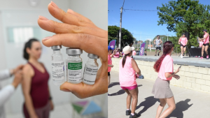 Imagem em composição: à esquerda, mão segurando frascos de vacina e profissionais de saúde ao fundo; à direita, crianças e jovens em atividade ao ar livre em evento esportivo em Campinas
