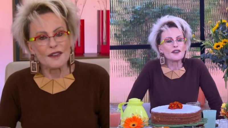 Montagem com duas fotos da apresentadora Ana Maria Braga no cenário do programa Mais Você. À esquerda, um close de Ana Maria usando óculos de grau com armação colorida verde e amarela, brincos grandes e um colar geométrico em tom caramelo. À direita, ela aparece de corpo inteiro atrás da mesa do café da manhã, onde há um bolo confeitado, uma garrafa térmica amarela e vasos de flores ao fundo.