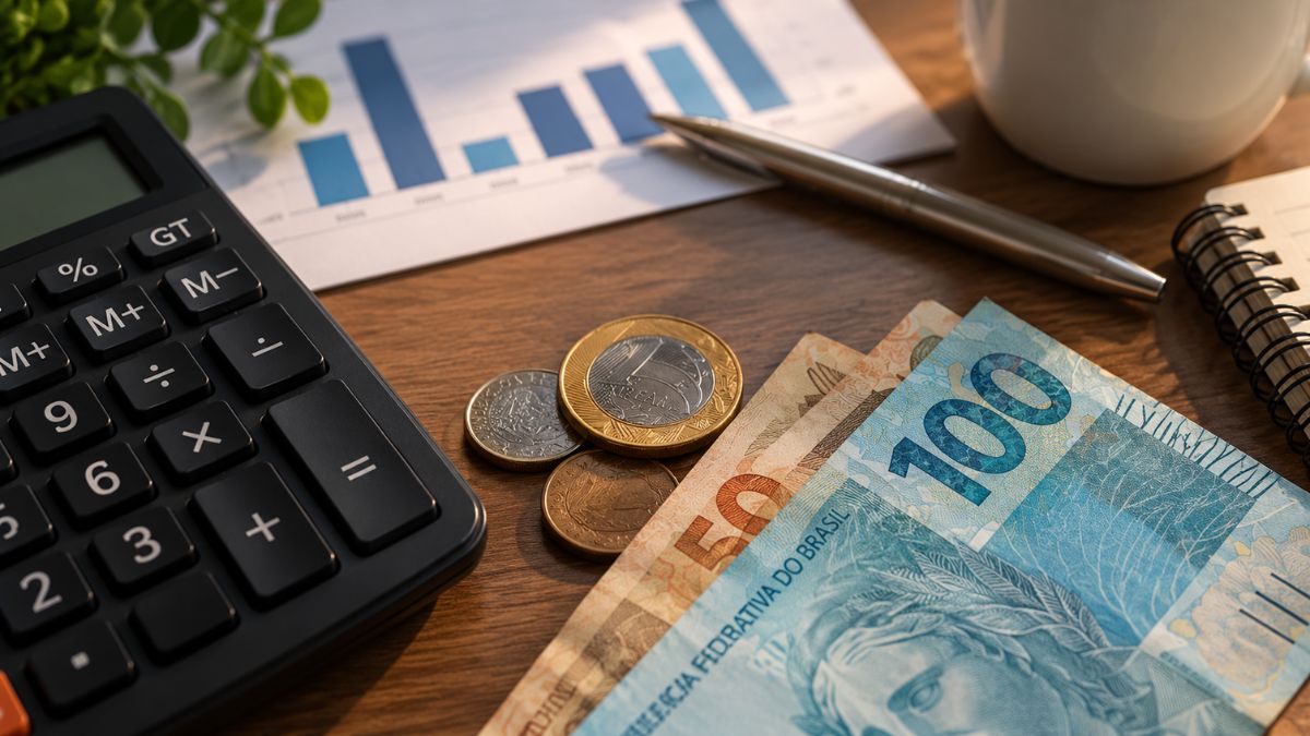 Calculadora, moedas e cédulas do Brasil sobre mesa com gráficos ao fundo, ilustrando a queda da taxa Selic e impacto nos investimentos e crédito.