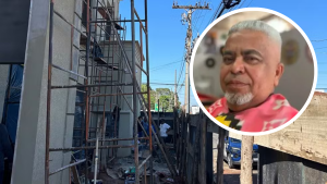 homem morre após choque elétrico em Cosmópolis: Obra com andaime metálico e fios elétricos ao fundo, com destaque para o rosto de um homem em foto recortada, em contexto de acidente em Cosmópolis.