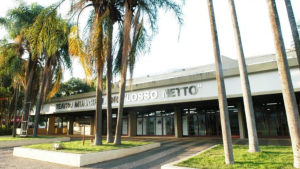 Vista externa da fachada moderna e térrea do Teatro Municipal Dr. Losso Netto em Piracicaba, destacando o letreiro na parte superior da entrada e várias palmeiras altas espalhadas pelos canteiros de grama e caminhos pavimentados em frente ao prédio.
