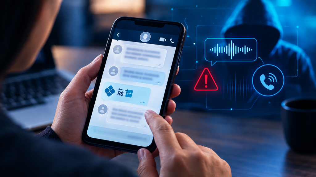 Mão segurando um smartphone com mensagens e alertas de segurança, enquanto na tela ao fundo aparecem ícones de alerta e conexão, tema de golpes digitais: criminosos usam IA, medo e pressa para enganar vítimas.
