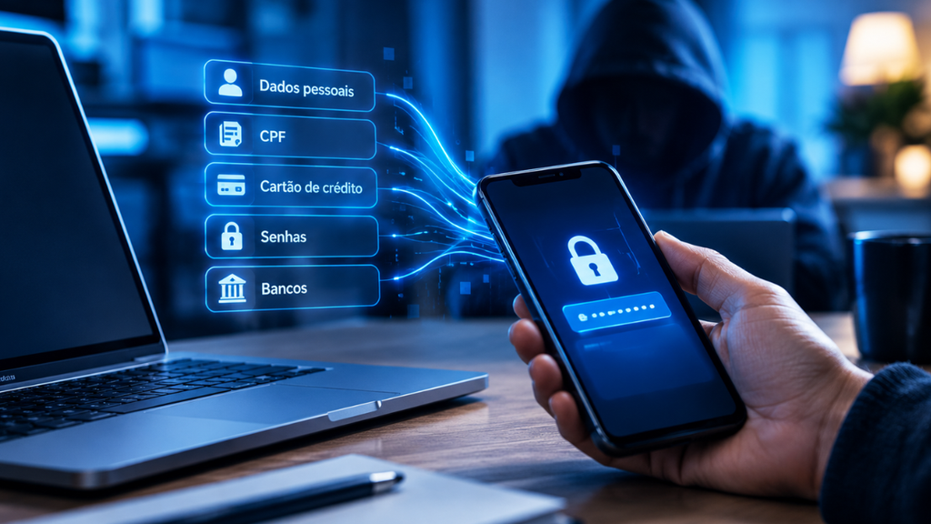 Golpes digitais: mão segurando celular com ícone de cadeado, em um ambiente digital com laptop e alertas de dados pessoais, como CPF e senhas.