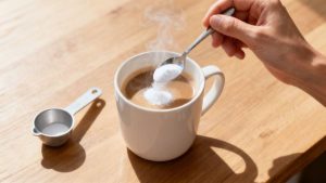 Copo de café com colher de açúcar simbolizando a sucralose