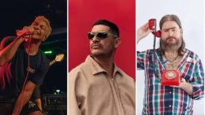 Montagem com três fotos de homens em diferentes estilos: um cantor no palco com microfone, um homem usando óculos escuros e camisa clara, e um homem de peruca loira segurando um telefone vermelho vintage.