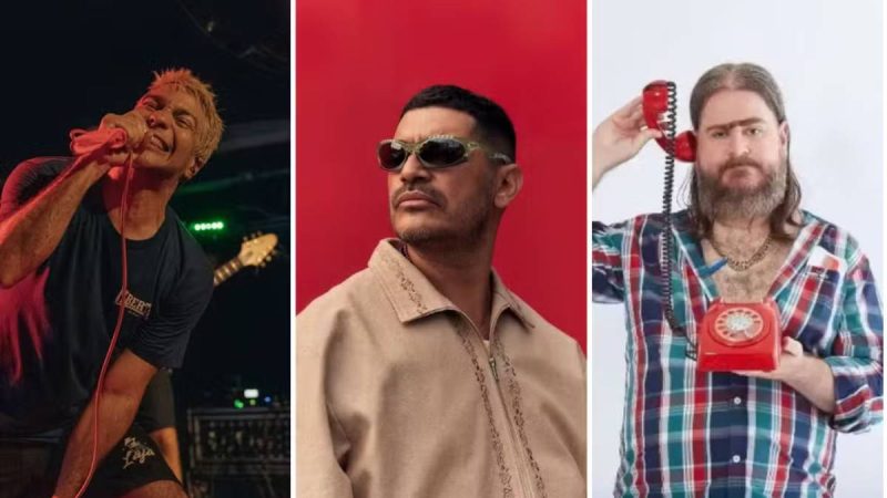 Montagem com três fotos de homens em diferentes estilos: um cantor no palco com microfone, um homem usando óculos escuros e camisa clara, e um homem de peruca loira segurando um telefone vermelho vintage.