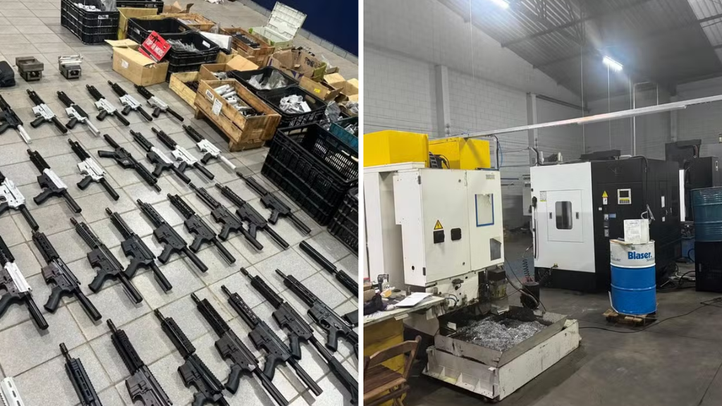 Polícia apreende armas e peças em local que seria ligado à Fábrica clandestina de fuzis em Santa Bárbara d’Oeste, com muitos fuzis e equipamentos de fabricação. Foto: Polícia Federal.