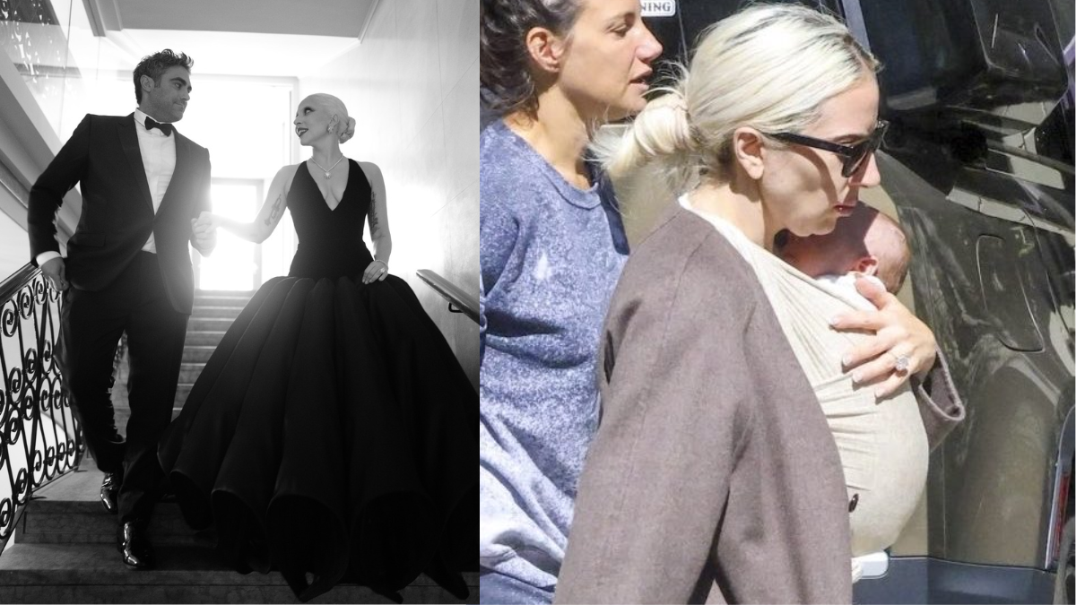 Imagem dividida em duas fotos: à esquerda, em preto e branco, Lady Gaga desce uma escadaria de mãos dadas com um homem, vestindo um elegante vestido longo de gala escuro e volumoso. À direita, em cores e num plano aproximado, Lady Gaga aparece de perfil usando óculos de sol e cabelo apanhado, a carregar um bebé num marsúpio de tecido junto ao peito enquanto caminha na rua.
